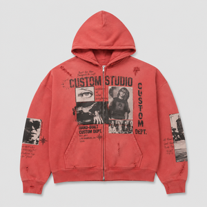 Custom 450GSM Cotton Hoodie Sun Bleached Mud Wash Distressed Boxy Fit Heavyweight Red <b>Pullover</b> Vintage Streetwear <b>Men</b> Hoodie - Product Image 1