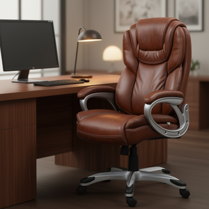 Chaise de bureau de direction à dossier haut en cuir PU marron, hauteur réglable, base pivotante en métal, design contemporain - Product Image 2