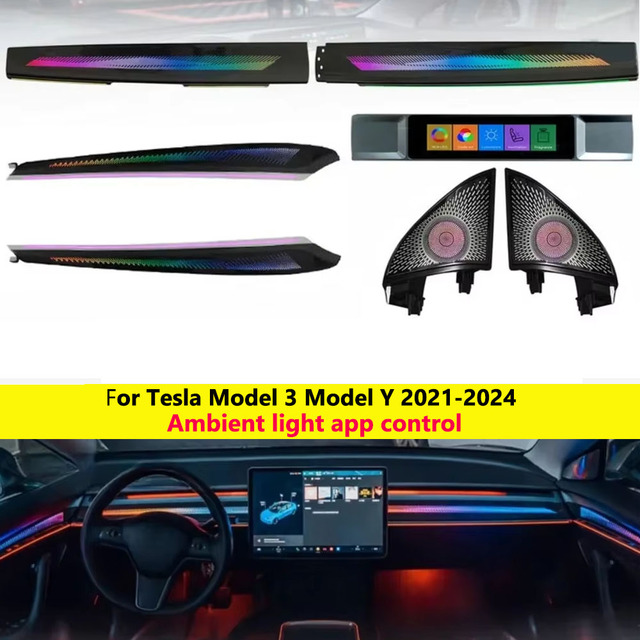 Autowellus 27 Lights Rainbow Laser Engraved Ambient Light for Tesla Model 3 2021-2023 Interior LED Strip with Screen App Control