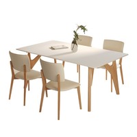 Ensemble table et chaises de salle à manger rectangulaire moderne en chêne massif style crème avec plateau en pierre, mécanisme coulissant durable, 6 places, à assembler