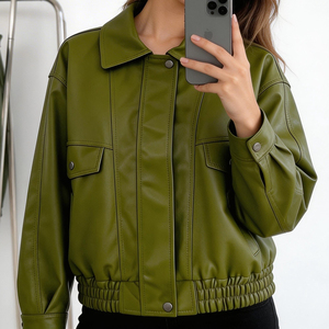 OFTBUY Nuova <span class=keywords><strong>Giacca</strong></span> Autunnale Verde in <span class=keywords><strong>Ecopelle</strong></span> da Donna, Modello Ampio a Maniche Lunghe con Orlo Elastico, Cappotto Biker Femminile in Pelle PU, Soprabito - Product Image 2