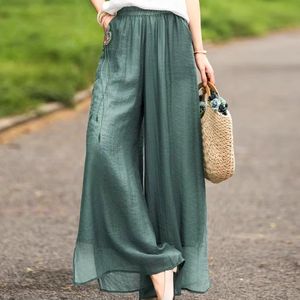 Women's Double Layer Wide Leg Cotton Linen Pants Pink Embroidery Casual Style Spring Summer Breathable Chiffon Trousers - Product Image 2