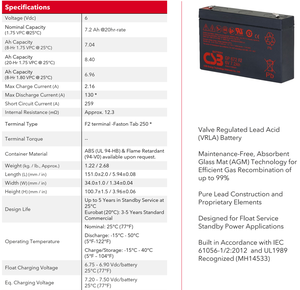 CSB 배터리 GP672 <span class=keywords><strong>6V</strong></span> <span class=keywords><strong>7.2Ah</strong></span> 충전식 유지 보수-무첨가 <span class=keywords><strong>7.2Ah</strong></span> 납산 배터리 - Product Image 3