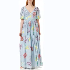Women's long dress with V-neck and cape sleeve dress suitable for wedding bridesmaids and Summer Dance party