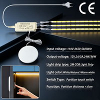 Interrupteur Tactile à Détection de Présence avec Kit Bande LED COB 2M 12V pour Éclairage Intégré de Placard, Armoire et Vitrine