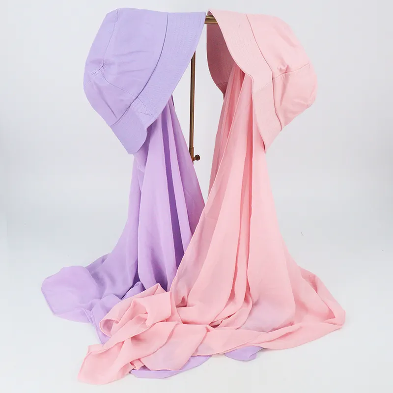 2022 New Chiffon Scarf Fashion Hijab With Bucket Hat Instant Chiffon Scarf For Muslim Women Bucket Cap With Chiffon Scarf