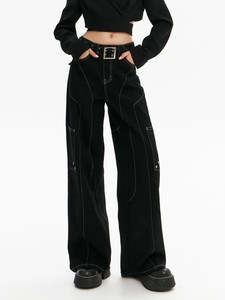 <span class=keywords><strong>Jeans</strong></span> Larghi da <span class=keywords><strong>Donna</strong></span> Personalizzati in Denim di Cotone Scuro Effetto Invecchiato, Vita Alta, Gamba Larga, Stile Retrò Streetwear con Bottoni e Curve - Product Image 6