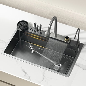 Évier de cuisine en acier inoxydable 304 fait main, grand bac unique, motif grain de riz, avec fonction cascade et pluie, pour le lavage des légumes - Product Image 1