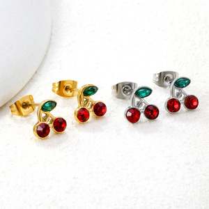 Pendientes de Cereza con Cristales Rojos y Verdes, Engaste de Bisel, Poste de Acero Inoxidable, Joyería de Regalo para Mujer - Product Image 3
