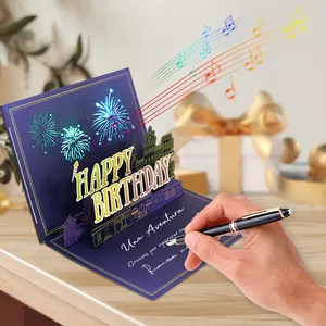 Fabrikanten Leveren Lasersnijdende Handgemaakte Verjaardagswenskaart Licht Muziekkaart Vuurwerk Bloeiende Wenskaart Pop-Up