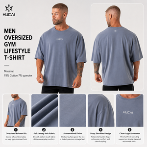 HUCAI T-shirt da uomo personalizzata con spalle scese, in cotone morbido lavato, casual, per allenamento sportivo, vestibilità oversize e ampia, per la <span class=keywords><strong>palestra</strong></span> - Product Image 2