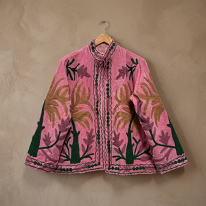 Chaqueta Rosa Bordada a Mano con Flores, Cuello Mandarín, Manga Larga, Algodón, Estilo Étnico Bohemio para Mujer, Chaqueta Suzani de Otoño - Product Image 4