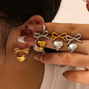 202618K Gold Plated Stainless Steel Bow Shaped Trendy Earrings <b>Light</b> Luxury Heart Pendant for Women's Party Occasions - Product Image 1