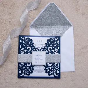 Laser Cut Navy Blue Wedding Invitation Card with Silver Glitter Belt Customized Birthday Invitations