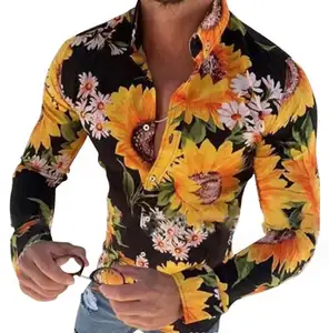男士复古衬衫长袖休闲衬衫时尚向日葵3D印花翻领修身夏威夷衬衫