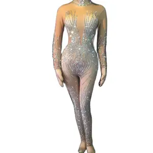 Costume da <span class=keywords><strong>donna</strong></span> <span class=keywords><strong>Sexy</strong></span> Stretch Skinny Nude strass tuta intera Club Showgirl ballerina tuta corta abiti da palcoscenico - Product Image 1
