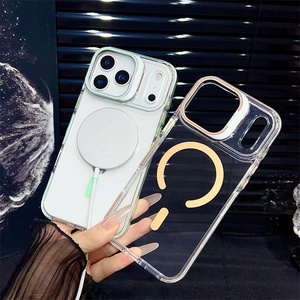 Étui de téléphone magnétique personnalisable avec support d'objectif en métal et logo, pour iPhone 16 15 14 13 12 17 Pro Max 11, coque transparente en PC anti-jaunissement - Product Image 3