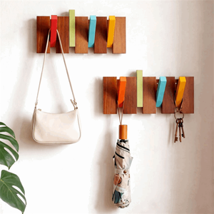Porte-manteau pliant en <span class=keywords><strong>bois</strong></span> de style Mid-Century Modern, avec porte-chapeaux et porte-clés rabattables, pour entrée, chambre et couloir - Product Image 1