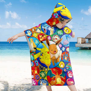 Serviette de plage à capuche pour enfants personnalisée avec un motif de dessin animé mignon Pokemoned, poncho doux et absorbant en coton biologique, serviettes de bain pour enfants - Product Image 1