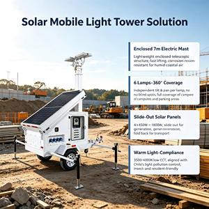 Projecteurs LED 6x100W à couverture 360°, tour d'éclairage solaire avec mât télescopique de 7m, solution d'éclairage de chantier - Product Image 2