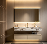 Meuble-lavabo mural flottant pour salle de bain avec plan de travail en pierre frittée Pandora, miroir intelligent rétroéclairé par LED, armoire de salle de bain personnalisée pour hôtel