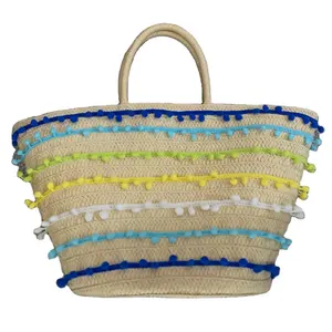 Famous Design Fashion Fuzzy Ball Beach Tote Bag Paper Straw Knitted Bags Pom Pon Stripe decorated