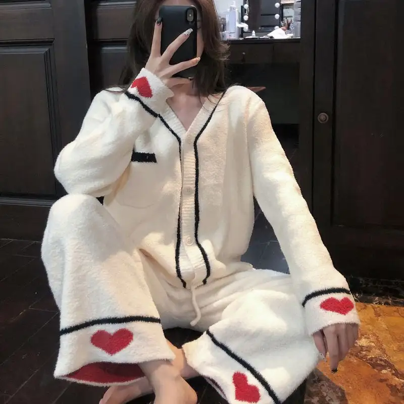 Pajamas Women's Winter Soft Thickened Warm V-Neck Cardigan Sweet Loving Heart Coral Fleece Japanese Home Wear