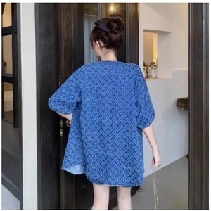 Women's Blue Two Piece Set Three Quarter Sleeve Oxford Fabric Casual <b>Suit</b> With <b>Buttons</b> Plus Size Summer Fashion - Product Image 5