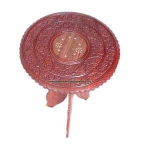 Best Quality Wooden Living Room <b>Balcony</b> Decorative Foldable <b>Table</b> With Brass Inlay and Hand Carved Design OnTop - Product Image 1