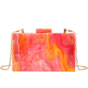 デザイナーファッション女性マーブルピンクオレンジイブニングバッグハンドバッグボックスクラッチ財布アクリルハンドバッグ