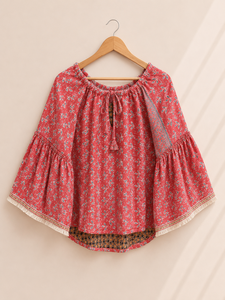 เสื้อครอปท็อปแฮนด์เมดสไตล์วินเทจ ผ้าคันธา แบบกลับด้านได้ แขนทรงระฆัง สำหรับผู้หญิง มีโลโก้ด้านหน้า พร้อมเชือกปรับได้ - Product Image 5