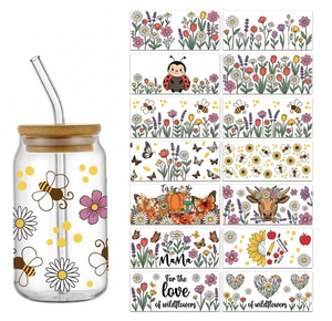 Lindas pegatinas florales de abeja UV DTF para vasos, con varios patrones, película duradera e impermeable para latas de vidrio de 16 oz - Product Image 1