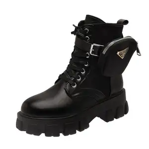 2021 autumn and winter safety boots women's British fan bike boots personality pocket lace thick-soled mid-tube knight boots