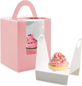 Pink Cupcake Boxes Individual Cupcake Containers Cupcake Carriers Holder Kraft Pastry Containers with Insert for Birthday Party