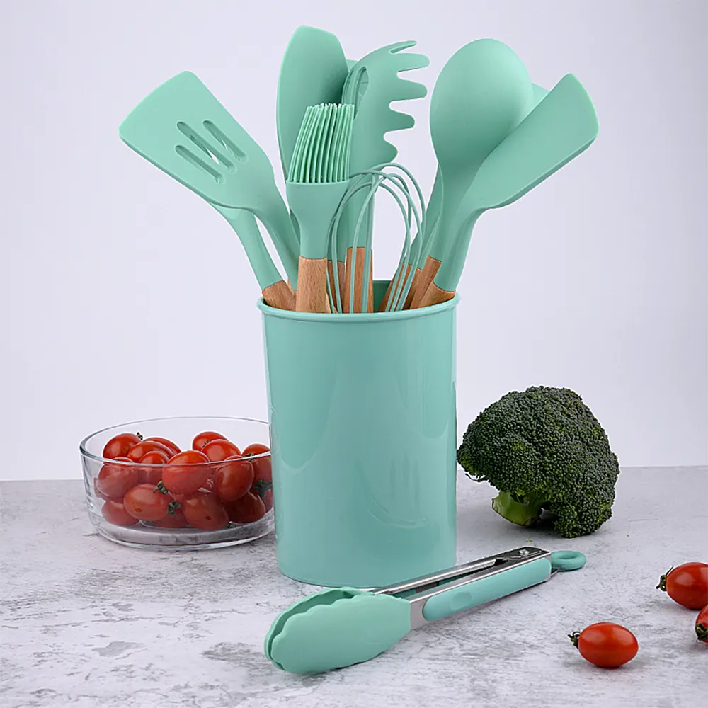 Hot Selling 12 Pcs Kitchen Gadget Tool Non-stick Wooden Handle Ladle Spatula Turner Silicone Kitchen Utensil Set With Organizer