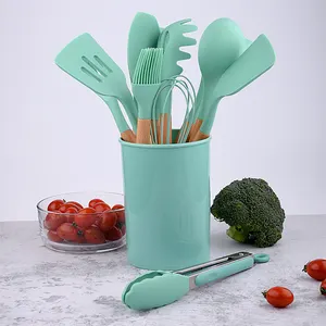 Vente chaude 12 pièces cuisine Gadget outil antiadhésif manche en bois louche spatule tourneur Silicone ustensiles de cuisine ensemble avec organisateur