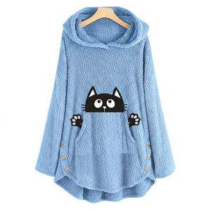 Sweat-shirt d'hiver surdimensionné à manches longues et épaules tombantes pour femme, en polaire rose avec imprimé de chat de dessin animé - Product Image 5