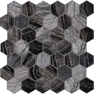 Mezcla de Carrara, mosaico de mármol blanco, mezcla de gris oscuro, azulejo 3D, mosaico de vidrio hexagonal, azulejo de vidrio de panal para salpicaduras de cocina