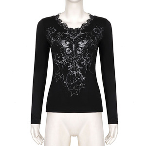 T-shirt à manches longues pour femme, style Y2K, coupe ajustée, imprimé papillon vintage, patchwork de dentelle, tendance, noir, style girly, doux et sexy - Product Image 6