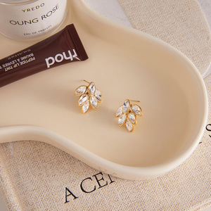 Crystal Stud <b>Earrings</b> Gold Plated Marquise Rhinestone Leaf Design Everyday Wear Bezel Setting Stainless Steel <b>Posts</b> - Product Image 4