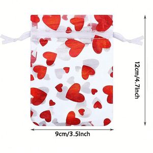 Sacs cadeaux Saint-Valentin en organza rouge avec motif cœur, 9x12cm, pour bonbons et biscuits, en gros, pour mariages et fêtes d'anniversaire - Product Image 2