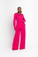Oem Custom Casual Co Ord Elegant Matching Button Up Long Sleeves Hot Pink Pants Pants 2 Pieces Sets for Women