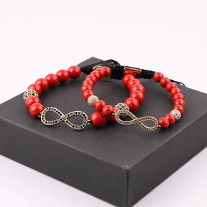 New Bracelet Red Stone Cinnabar CZ Infinity Charm Adjustable Men Couple Bracelet JBS12624