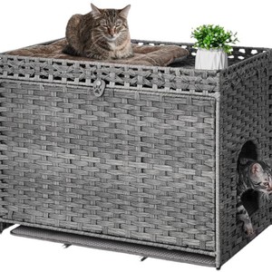 Armoire pour litière de chat en rotin PE tissé à la main, multifonctionnelle, avec espace de toilette caché et privé pour chats - Product Image 5