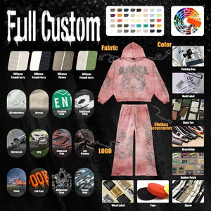 Set Personalizzato da Uomo con Felpa con Cappuccio e Zip e Pantaloni Svasati in Cotone con Ricami e Strass, Stile <span class=keywords><strong>Streetwear</strong></span> <span class=keywords><strong>Vintage</strong></span> Effetto Distressed e Lavaggio Acido - Product Image 5