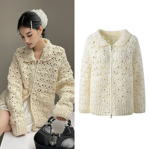 Wanita rajut buatan tangan berongga desain Korea musim gugur berkancing sebaris kerah lipat panjang longgar anti-serabut panjang depan - Product Image 2