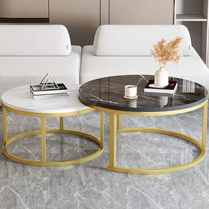Mesa de centro moderna de mármol con marco dorado, muebles redondos para sala de estar para espacios pequeños, estilo escandinavo - Product Image 3