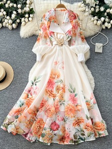 Robe vintage à manches longues, coupe trapèze, à fleurs, élégante pour le bureau, pour le printemps et l'été - Product Image 4
