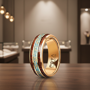 טבעת טונגסטן בצבע זהב ורוד 8 מ\\\"מ, משובצת עץ לונגן, טורקיז ונייר זהב, מתאימה לגברים ונשים כמתנה - Product Image 3