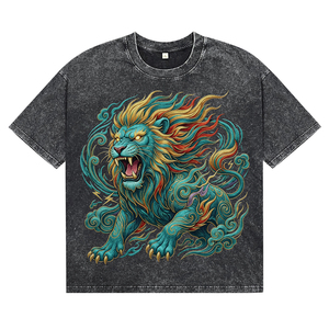 T-shirts graphiques surdimensionnés personnalisés en coton noir délavé avec motif lion oriental, style streetwear vintage pour hommes, manches courtes - Product Image 1